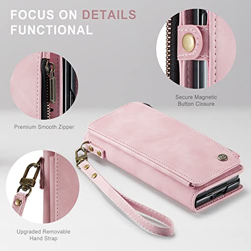 Defencase Wallet Lanyard Case for Galaxy Z Fold 3 - PU Leather, Flip, Zip Card Holder, Pink