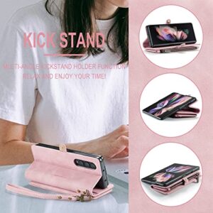 Defencase Wallet Lanyard Case for Galaxy Z Fold 3 - PU Leather, Flip, Zip Card Holder, Pink