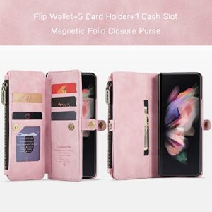 Defencase Wallet Lanyard Case for Galaxy Z Fold 3 - PU Leather, Flip, Zip Card Holder, Pink