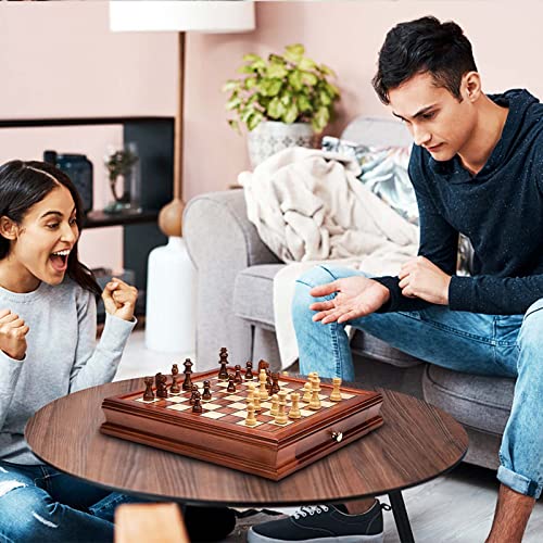 AMEROUS 12.8'' Magnetic Wooden Chess Set / 2 Built-in Storage Drawers / 2 Extra Queen/Gift Package/Chess Rules/Classics Strategy Board Games Chess Sets for Kids and Adults