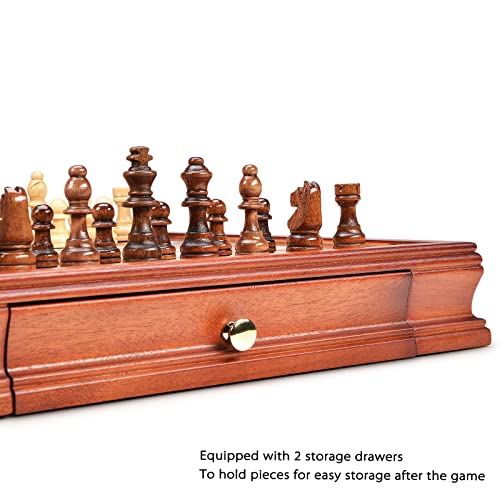 AMEROUS 12.8'' Magnetic Wooden Chess Set / 2 Built-in Storage Drawers / 2 Extra Queen/Gift Package/Chess Rules/Classics Strategy Board Games Chess Sets for Kids and Adults