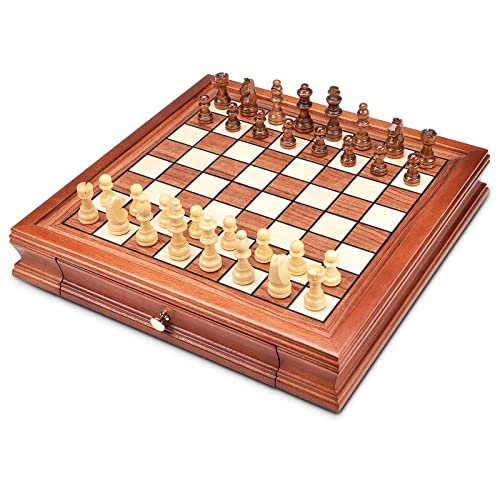 AMEROUS 12.8'' Magnetic Wooden Chess Set / 2 Built-in Storage Drawers / 2 Extra Queen/Gift Package/Chess Rules/Classics Strategy Board Games Chess Sets for Kids and Adults