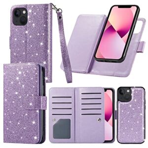 varikke iphone 13 wallet case - 9 card holder, magnetic detachable cover, kickstand strap, glitter pu leather, light purple