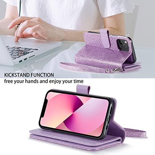 Varikke iPhone 13 Wallet Case - 9 Card Holder, Magnetic Detachable Cover, Kickstand Strap, Glitter PU Leather, Light Purple