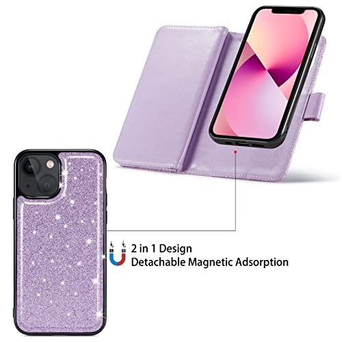 Varikke iPhone 13 Wallet Case - 9 Card Holder, Magnetic Detachable Cover, Kickstand Strap, Glitter PU Leather, Light Purple