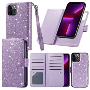 varikke for iphone 13 pro max case wallet, iphone 13 pro max case for women with card holder & magnetic detachable cover & kickstand strap glitter pu leather flip case for iphone 13 pro max, purple