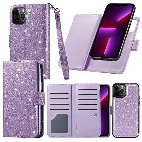 Varikke for iPhone 13 Pro Max Case Wallet, iPhone 13 Pro Max Case for Women with Card Holder & Magnetic Detachable Cover & Kickstand Strap Glitter PU Leather Flip Case for iPhone 13 Pro Max, Purple