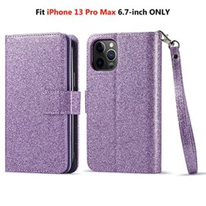 Varikke for iPhone 13 Pro Max Case Wallet, iPhone 13 Pro Max Case for Women with Card Holder & Magnetic Detachable Cover & Kickstand Strap Glitter PU Leather Flip Case for iPhone 13 Pro Max, Purple