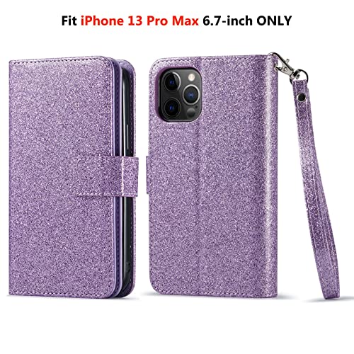 Varikke for iPhone 13 Pro Max Case Wallet, iPhone 13 Pro Max Case for Women with Card Holder & Magnetic Detachable Cover & Kickstand Strap Glitter PU Leather Flip Case for iPhone 13 Pro Max, Purple