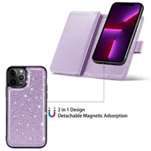 Varikke for iPhone 13 Pro Max Case Wallet, iPhone 13 Pro Max Case for Women with Card Holder & Magnetic Detachable Cover & Kickstand Strap Glitter PU Leather Flip Case for iPhone 13 Pro Max, Purple
