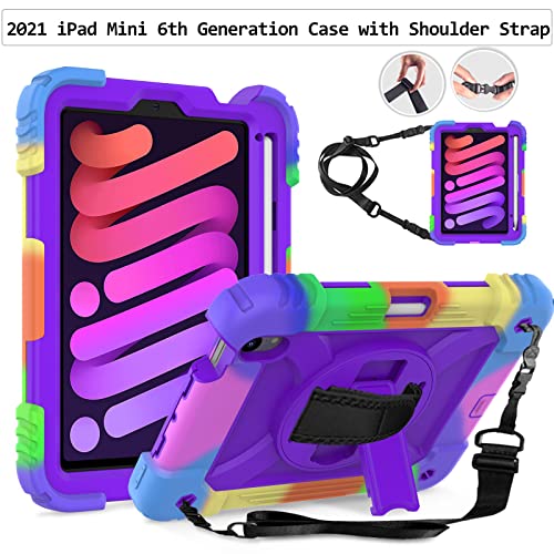 LTROP iPad Mini 6 Case 2021, iPad Mini 6th Generation Case for Kids, Heavy Duty Shockproof Cover with Pencil Holder/360 Rotating Stand/Hand Strap for iPad Mini 6th Generation 8.3 Inch 2021, Purple