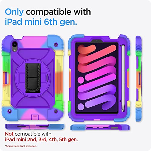 LTROP iPad Mini 6 Case 2021, iPad Mini 6th Generation Case for Kids, Heavy Duty Shockproof Cover with Pencil Holder/360 Rotating Stand/Hand Strap for iPad Mini 6th Generation 8.3 Inch 2021, Purple