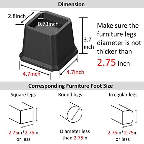 Whynonap Bed Risers 3 Inch Heavy Duty Bed Elevators, Set of 6 Lifts Up 3,000 lbs Furniture Riser for Sofa and Table, Black