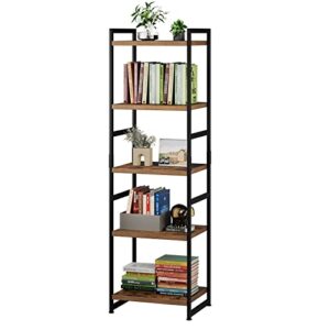 5 tier shelf organizer, open display storage bookshelf corner plant flower stand for home office, rustic brown