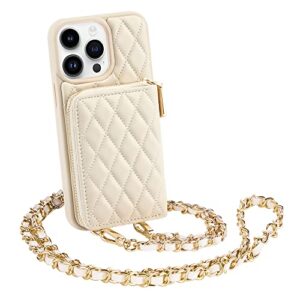 lameeku iphone 13 pro max wallet case, quilted leather crossbody card holder with chain strap - beige
