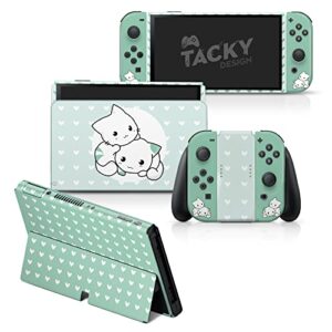 tacky design cute cats skin compatible with nintendo switch oled skin - vinyl 3m green kawaii nintendo switch oled stickers set - switch oled skin for console, dock, joy con wrap - decal full wrap