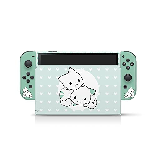 Tacky Design Cute Cats Skin Compatible with Nintendo Switch OLED Skin - Vinyl 3M Green Kawaii Nintendo Switch OLED Stickers Set - Switch OLED Skin for Console, Dock, Joy Con Wrap - Decal Full Wrap