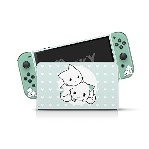 Tacky Design Cute Cats Skin Compatible with Nintendo Switch OLED Skin - Vinyl 3M Green Kawaii Nintendo Switch OLED Stickers Set - Switch OLED Skin for Console, Dock, Joy Con Wrap - Decal Full Wrap