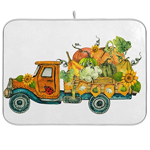 Absorbent Dish Drying Mat for Kitchen Counter - Thanksgiving Pumpkin Sunflower Truck Microfiber Drying Pad, Reversible Drainer Mats for Countertop, Large 18" x 24"