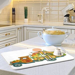 Absorbent Dish Drying Mat for Kitchen Counter - Thanksgiving Pumpkin Sunflower Truck Microfiber Drying Pad, Reversible Drainer Mats for Countertop, Large 18" x 24"