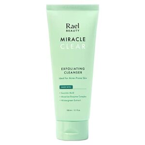 rael face wash, miracle clear exfoliating cleanser - face cleanser for oily and acne prone skin, gentle facial cleanser, hydrating, w/succinic acid & minerice, vegan, cruelty free (5.1 fl. oz)