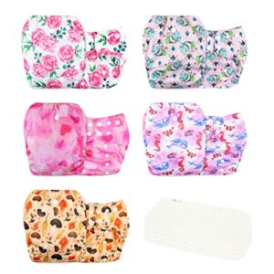 wegreeco washable reusable baby cloth pocket diapers 5 pack + 5 bamboo inserts (pink girly) one size