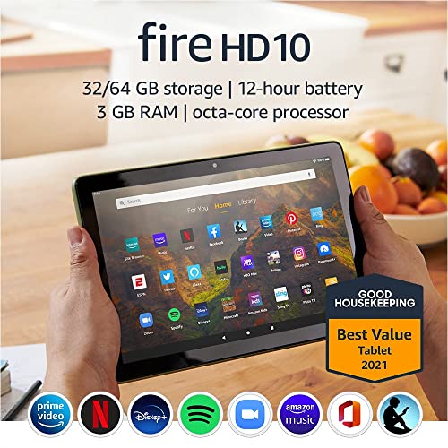 Fire HD 10 tablet, 10.1", 1080p Full HD, 32 GB, latest model (2021 release), Olive, without lockscreen ads