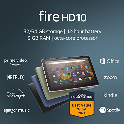 Fire HD 10 tablet, 10.1", 1080p Full HD, 32 GB, latest model (2021 release), Olive, without lockscreen ads