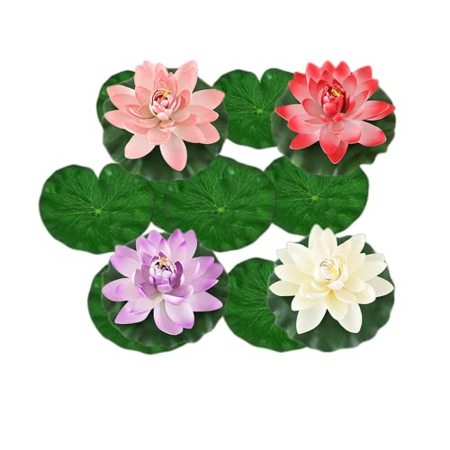 Rikyo 9 Set 7" Lotus Flowers Floating Foam Flowers and Lily Pads Leaves,Water Lily Pads,Fish Pond Pool Aquarium Water Decor,Fishtank Decor Landscape for Aquatic Animals (4Color)