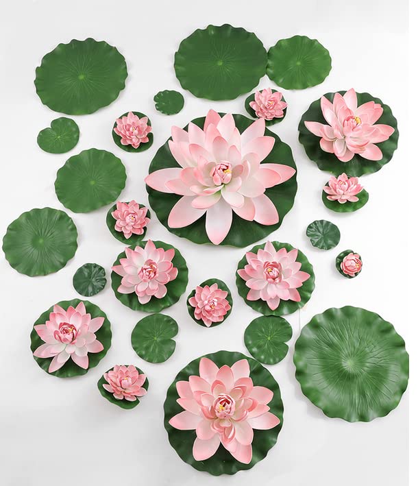 Rikyo 9 Set 7" Lotus Flowers Floating Foam Flowers and Lily Pads Leaves,Water Lily Pads,Fish Pond Pool Aquarium Water Decor,Fishtank Decor Landscape for Aquatic Animals (4Color)