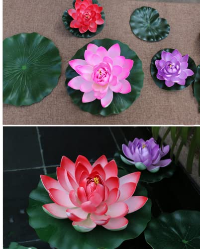 Rikyo 9 Set 7" Lotus Flowers Floating Foam Flowers and Lily Pads Leaves,Water Lily Pads,Fish Pond Pool Aquarium Water Decor,Fishtank Decor Landscape for Aquatic Animals (4Color)