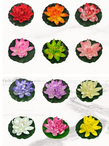 Rikyo 9 Set 7" Lotus Flowers Floating Foam Flowers and Lily Pads Leaves,Water Lily Pads,Fish Pond Pool Aquarium Water Decor,Fishtank Decor Landscape for Aquatic Animals (4Color)