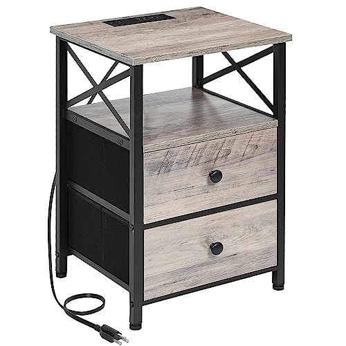 AMHANCIBLE End Table Living Room with Charging Station, Nightstand with Drawer, Small Side Table with USB Ports and Outlets for Small Spaces Bedroom, Greige HET05XGY1