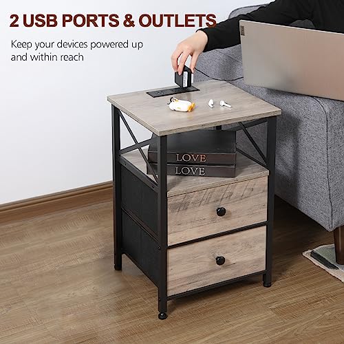 AMHANCIBLE End Table Living Room with Charging Station, Nightstand with Drawer, Small Side Table with USB Ports and Outlets for Small Spaces Bedroom, Greige HET05XGY1