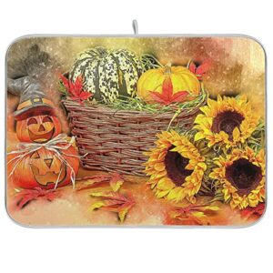absorbent dish drying mat for kitchen counter - pumpkin sunflower autumn microfiber drying pad, reversible drainer mats for countertop, small 16" x 18" inch