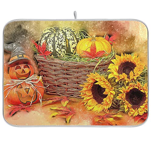 Absorbent Dish Drying Mat for Kitchen Counter - Pumpkin Sunflower Autumn Microfiber Drying Pad, Reversible Drainer Mats for Countertop, Small 16" x 18" inch