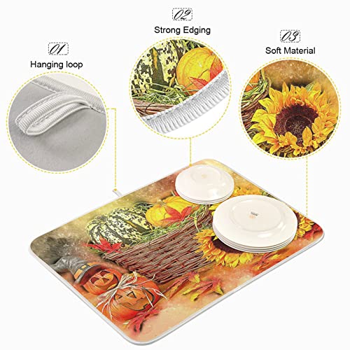 Absorbent Dish Drying Mat for Kitchen Counter - Pumpkin Sunflower Autumn Microfiber Drying Pad, Reversible Drainer Mats for Countertop, Small 16" x 18" inch