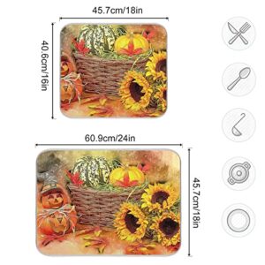 Absorbent Dish Drying Mat for Kitchen Counter - Pumpkin Sunflower Autumn Microfiber Drying Pad, Reversible Drainer Mats for Countertop, Small 16" x 18" inch