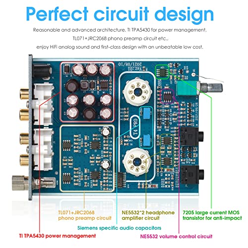 Douk Audio T4 PRO Vacuum Tube Phono Preamp, MM Turntable Preamplifier, GE5654 Hi-Fi Headphone Amp for Home Theater/Record Player/Stereo Amplifier/Active Speaker