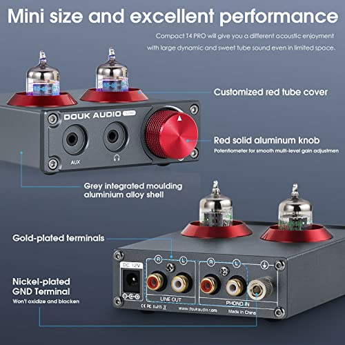 Douk Audio T4 PRO Vacuum Tube Phono Preamp, MM Turntable Preamplifier, GE5654 Hi-Fi Headphone Amp for Home Theater/Record Player/Stereo Amplifier/Active Speaker