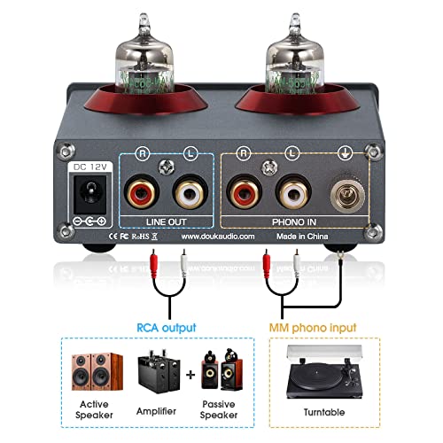 Douk Audio T4 PRO Vacuum Tube Phono Preamp, MM Turntable Preamplifier, GE5654 Hi-Fi Headphone Amp for Home Theater/Record Player/Stereo Amplifier/Active Speaker