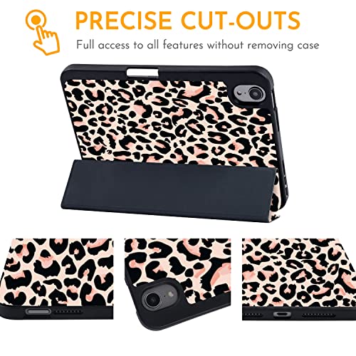 Hi Space iPad Mini 6 Case 2021 8.3 inch with Pencil Holder, Leopard Cheetah Trifold Stand Protective Shockproof iPad Mini 6th Generation Cover Auto Sleep Wake for A2567 A2568 A2569