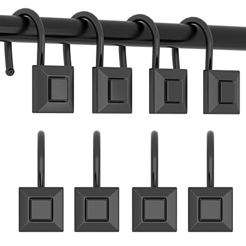 GILLAS Shower Curtain Decorative Hooks, Set of 12 Shower Curtain Rod Rings for Bathroom Rust Resistant Square, Black