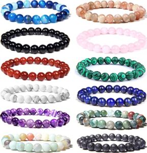wainis 12pcs 8mm semi-precious beaded bracelets for men women healing stretch round bead crystal gemstones bracelets unisex