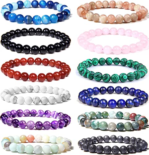 WAINIS 12PCS 8mm Semi-precious Beaded Bracelets for Men Women Healing Stretch Round Bead Crystal Gemstones Bracelets Unisex