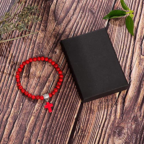 Softones 6mm Bead Cross Pendant Bracelet for Women Healing Stone Stretch Prayer Bracelet for Boy Girls,with Gift Box, Red Turquoise, 7 5 inch