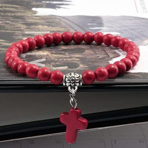 Softones 6mm Bead Cross Pendant Bracelet for Women Healing Stone Stretch Prayer Bracelet for Boy Girls,with Gift Box, Red Turquoise, 7 5 inch