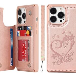 iCoverCase for iPhone 13 Pro Phone Case with Card Holder, iPhone 13 Pro Wallet Case for Women with Strap, RFID Blocking Embossed Leather Kickstand Case for iPhone 13 Pro 6.1 Inch (Heart Rose Gold)