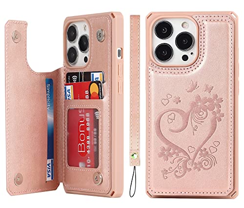 iCoverCase for iPhone 13 Pro Phone Case with Card Holder, iPhone 13 Pro Wallet Case for Women with Strap, RFID Blocking Embossed Leather Kickstand Case for iPhone 13 Pro 6.1 Inch (Heart Rose Gold)