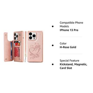 iCoverCase for iPhone 13 Pro Phone Case with Card Holder, iPhone 13 Pro Wallet Case for Women with Strap, RFID Blocking Embossed Leather Kickstand Case for iPhone 13 Pro 6.1 Inch (Heart Rose Gold)